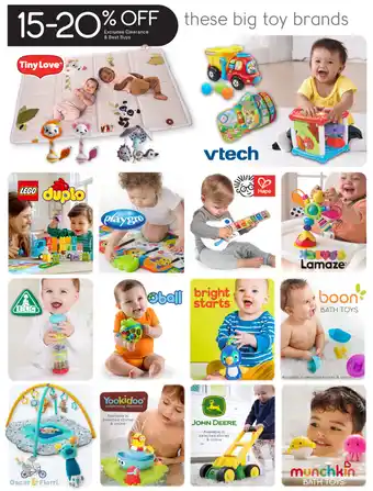 Baby Bunting TinyLove, Vtech, Lego, Playgro. Hape, Lamaze,Boon, Bright Starts, Oball, Oscar Florri,Yookidoo,JohnDeere,Munchkin offer