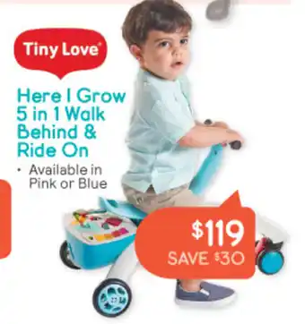 Baby Bunting Tiny Love here I grow 5in1 Walk Behind & Ride On offer