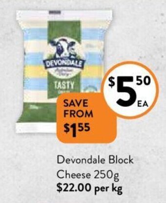 Foodworks Devondale Block Cheese 250g offer