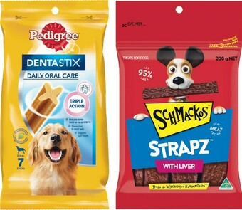Woolworths Pedigree Dentastix Pk 7 or Schmackos Strapz Dog Treats 200g offer