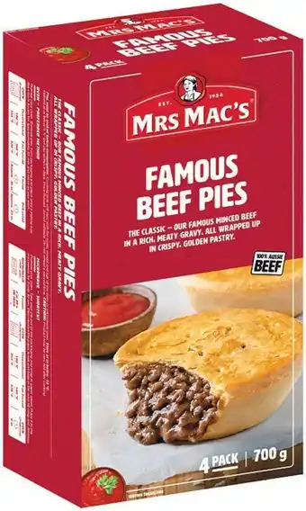 Woolworths Mrs Mac's Pies, Potato Pie and Sausage Rolls Pk 4 700g-760g offer