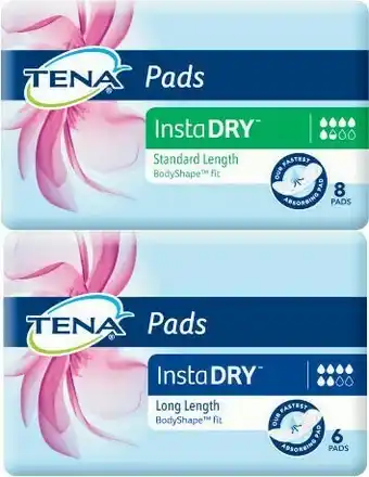Coles Tena Pads with Insta Dry 6 Pack or 8 Pack offer