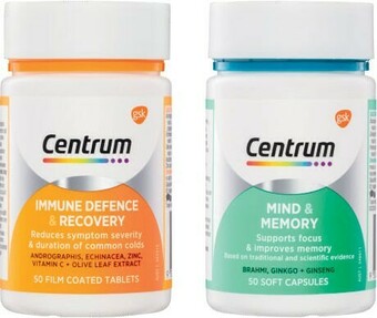 Centrum Immune Defense & Recovery Tablets or Mind & Memory Capsules 50 Pack