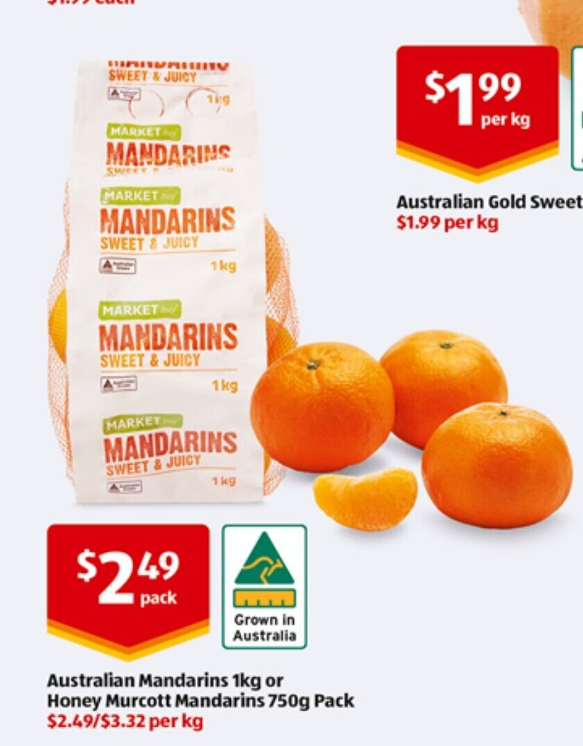 Australian Mandarins 1kg Or Honey Murcott Mandarins 750g offer at ALDI