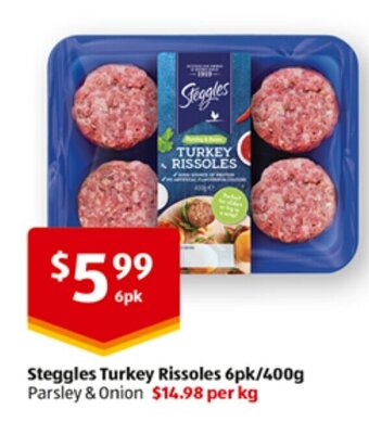 ALDI Steggles Turkey Rissoles 6pk/400g offer
