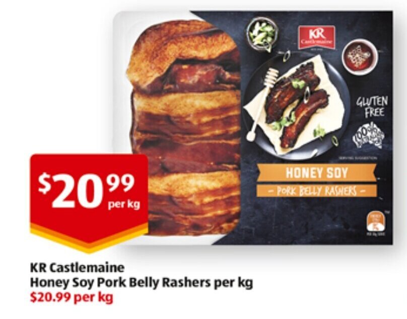 KR Castlemaine Honey Soy Pork Belly Rashers Per Kg offer at ALDI