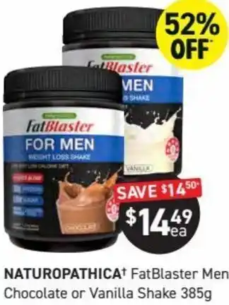 Chemist King Naturopathica FatBlaster Men Chocolate or Vanilla Shake 385g offer