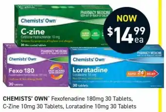 Chemist King Chemists' Own Fexofenadine 180mg 30 Tablets, C-Zine 10mg 30 Tablets, Loratadine 10mg 30 Tablets offer