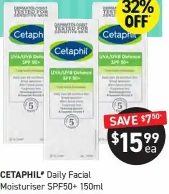 Chemist King Cetaphil Daily Facial Moisturiser SPF50+ 150ml offer