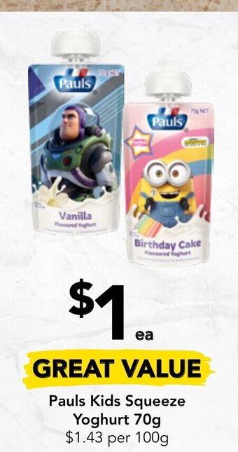 Drakes Pauls Kids Squeeze Yoghurt 70g offer