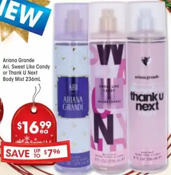 Good Price Pharmacy Ariana Grande Ari, Sweet Like Candy or Thank U Next Body Mist 236ml offer