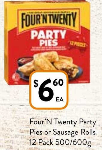 Foodworks Four'N Twenty Party Pies or Sausage Rolls 12 Pack 500/600g offer