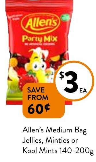 Foodworks Allen's Medium Bag Jellies, Minties or Kool Mints 140-200g offer