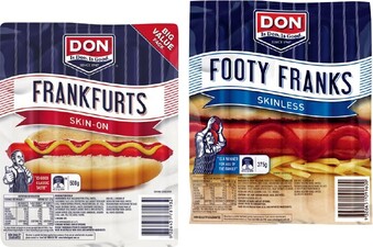 IGA Don Skinless Footy Franks 375g or Skin-On Frankfurts 500g offer