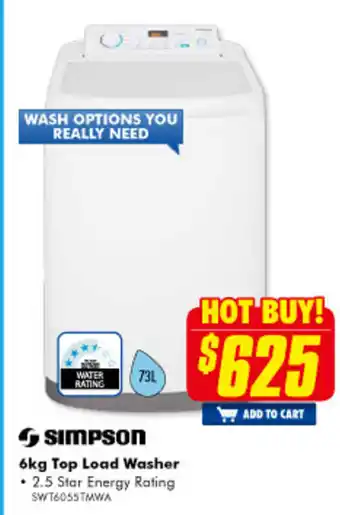 The Good Guys Simpson - 6kg Top Load Washer - SWT6055TMWA offer