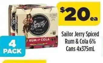 Liquorland Sailor Jerry Spiced Rum & Cola 6% Cans 4x375ml offer