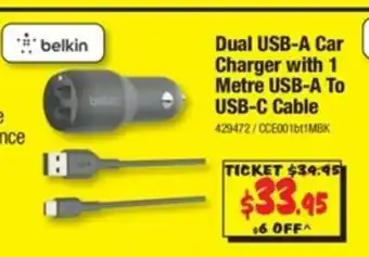 JB Hi-Fi Belkin - Dual USB-A Car Charger with 1 Metre USB-A To USB-C Cable offer