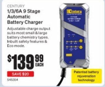 SuperCheap Auto Century 1/3/6A 9 Stage Automatic Battery Charger offer