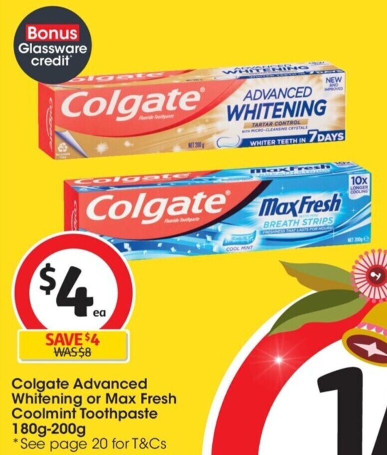 Colgate Advanced Whitening Or Max Fresh Coolmint Toothpaste offer at Coles