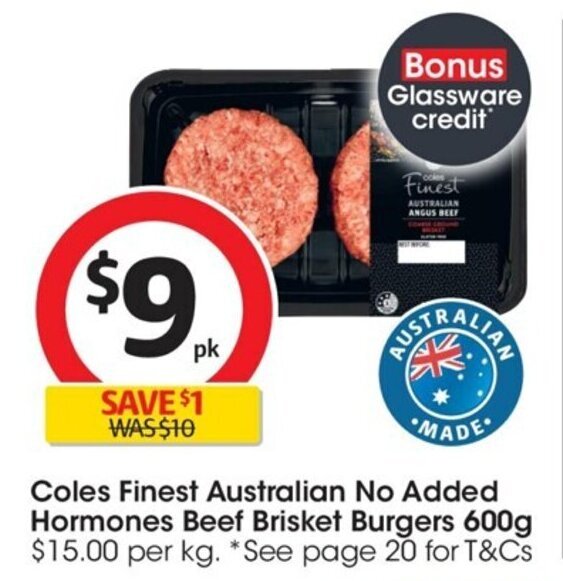 Coles Finest Australian No Added Hormones Beef Brisket Burgers 600g