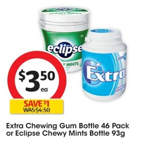 Extra Chewing Gum Bottle 46 Pack or Eclipse Chewy Mints Bottle offer at