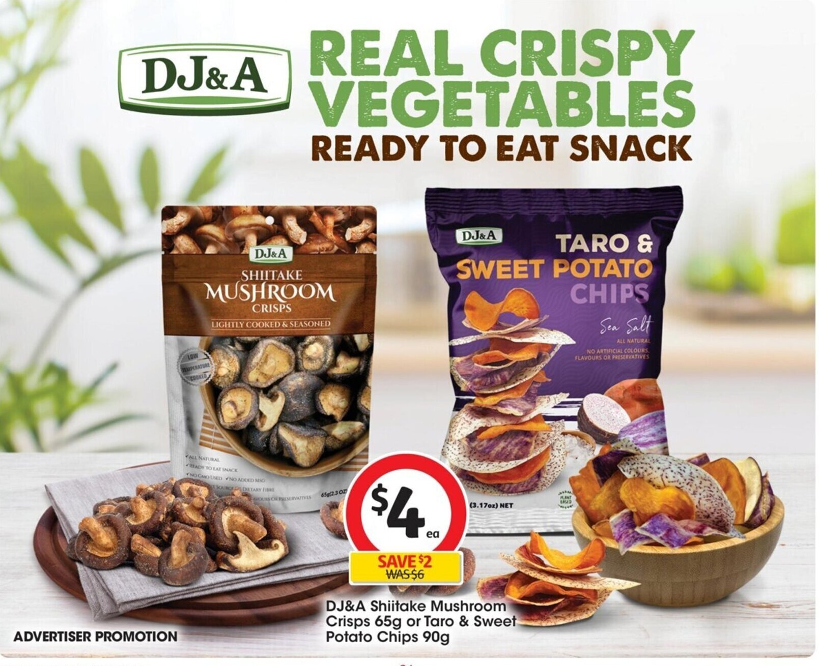 DJ&A Shiitake Mushroom Crisps 65g Or Taro & Sweet Potato Chips 90g