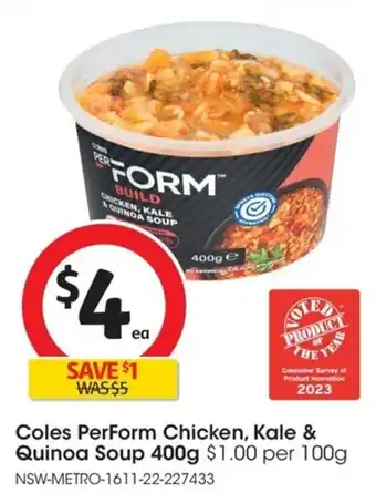 Coles Coles Perform Chicken, Kale & Quinoa Soup 400g offer
