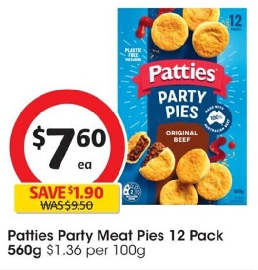 Patties Party Meat Pies 12 Pack 560g offer at Coles