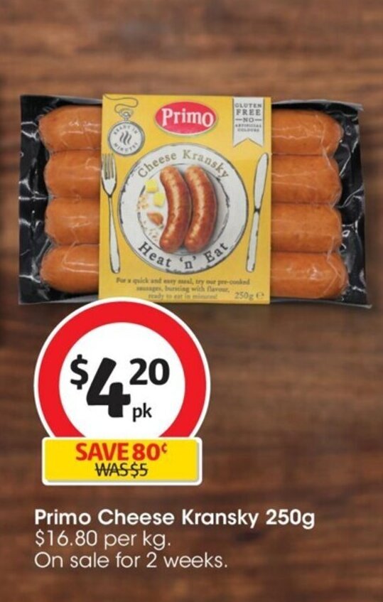 Primo Cheese Kransky 250g offer at Coles