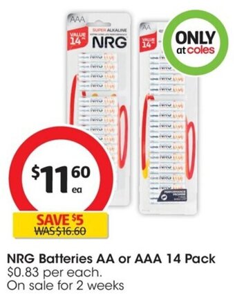 Coles NRG Batteries AA Or AAA 14 Pack offer