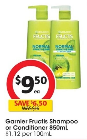 Coles Garnier Fructis Shampoo Or Conditioner 850ml offer