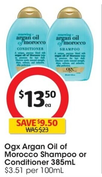 Coles OGX Argan Oil Of Morocco Shampoo Or Conditioner 385ml offer