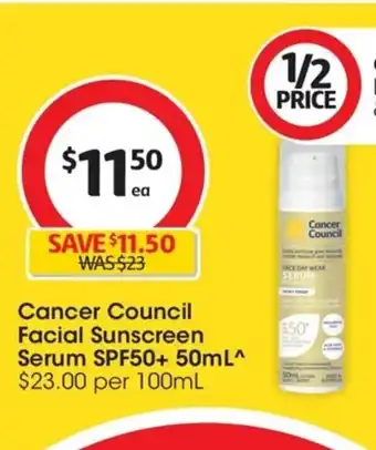 Coles Cancer Council Facial Sunscreen Serum SPF50+ 50ml offer