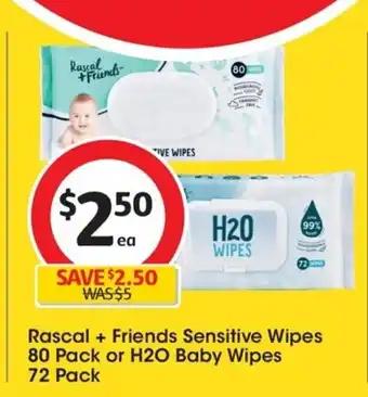 Coles Rascal + Friends Sensitive Wipes 80 Packs Or H2O Baby Wipes 72 Pack offer