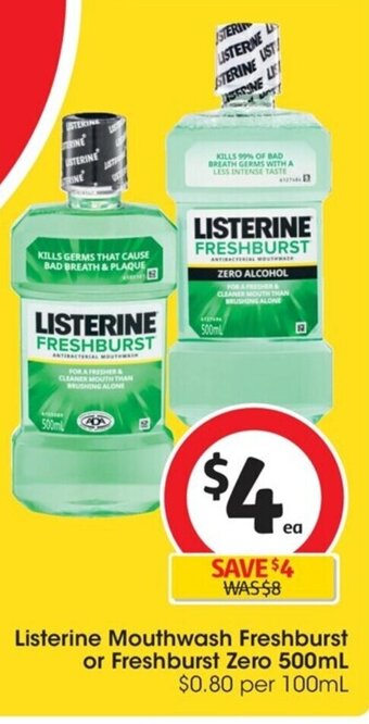 Coles Listerine Mouthwash Freshburst Or Freshburst Zero 500ml offer