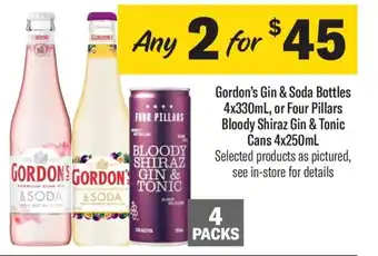 Coles Gordon's Gin & Soda Bottles 4x330ml , Or Four Pillars Bloody Shiraz Gin & Tonic Cans offer