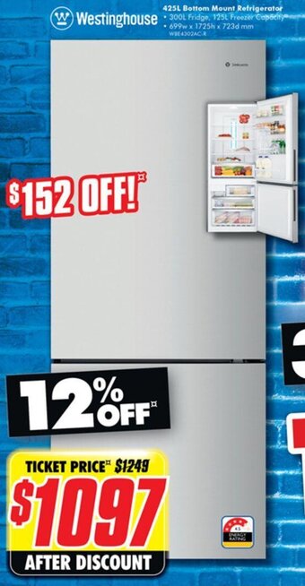 The Good Guys Westinghouse 425L Bottom Mount Refrigerator offer