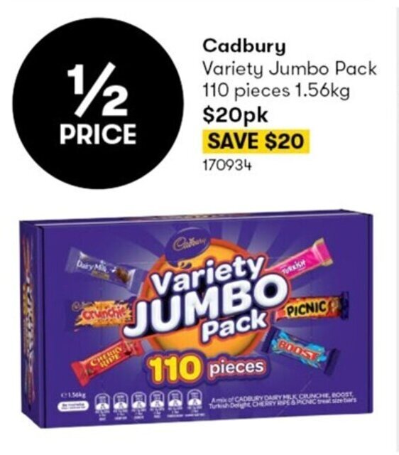 Cadbury Variety Jumbo Pack 110 Pieces offer at BIG W