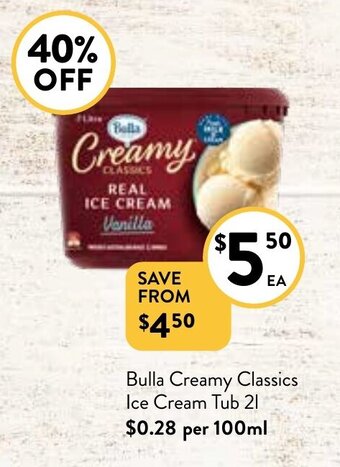 Foodworks Bulla Creamy Classics Ice Cream Tub 2l offer
