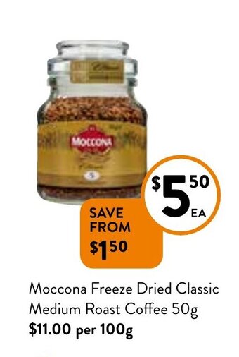 Foodworks Moccona Freeze Dried Classic Medium Roast Coffee 50g offer