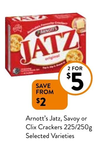 Foodworks Arnott's Jatz, Savoy Or Clix Crackers 225/250g offer