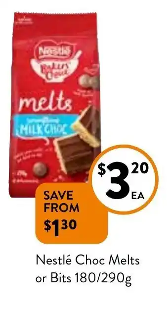 Foodworks Nestle Choc Melts or Bits 180/290g offer