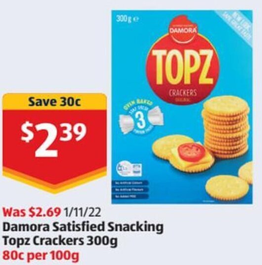 Damora Satisfied Snacking Topz Crackers 300g offer at ALDI