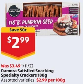 ALDI Damora Satisfied Snacking Specialty Crackers 100g offer