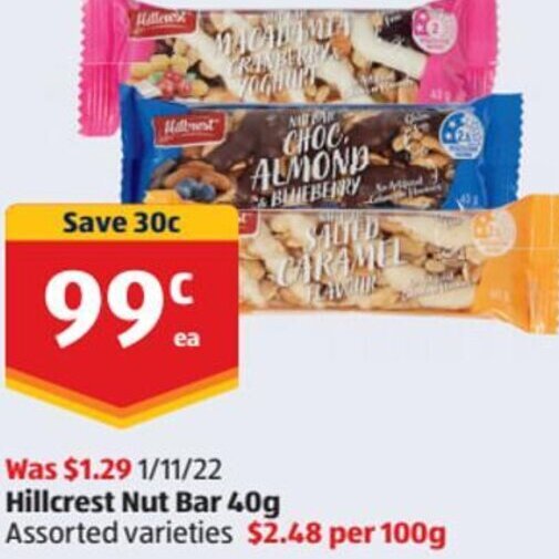 Hillcrest Nut Bar 40g offer at ALDI
