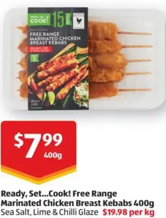 ALDI Ready, Set...Cook! Free Range Marinated Chicken Breast Kebabs400g offer