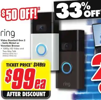 The Good Guys ring Video Doorbell Gen 2 -Satin Nickel or Venetion Bronze offer