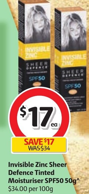 Coles Invisible Zinc Sheer Defence Tinted Moisturiser SPF50 50g offer