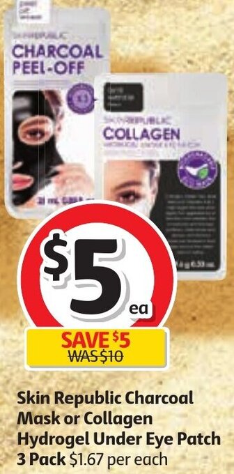 Skin Republic Charcoal Mask or Collagen Hydrogel Under Eye patch 3 Pack