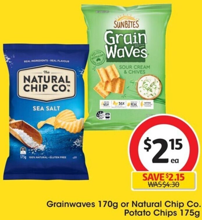 Grainwaves 170g or Natural Chip Co. Potato Chips 175g offer at Coles